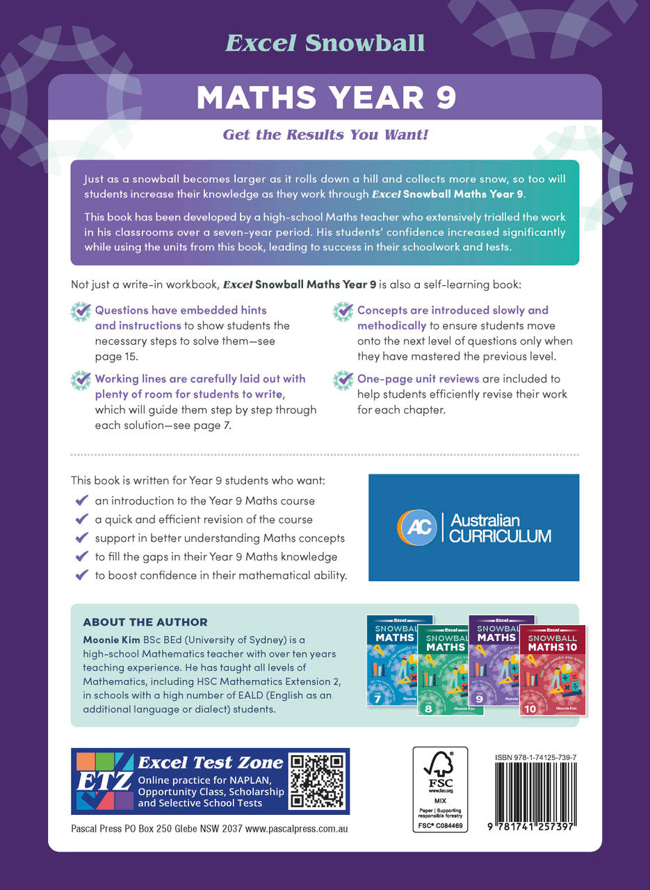 Back cover of the Excel Snowball Maths Year 9 book as shown in the Pascal Press product gallery