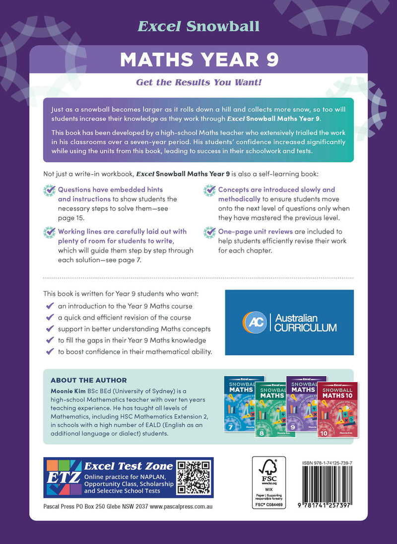 Back cover of the Excel Snowball Maths Year 9 book as shown in the Pascal Press product gallery