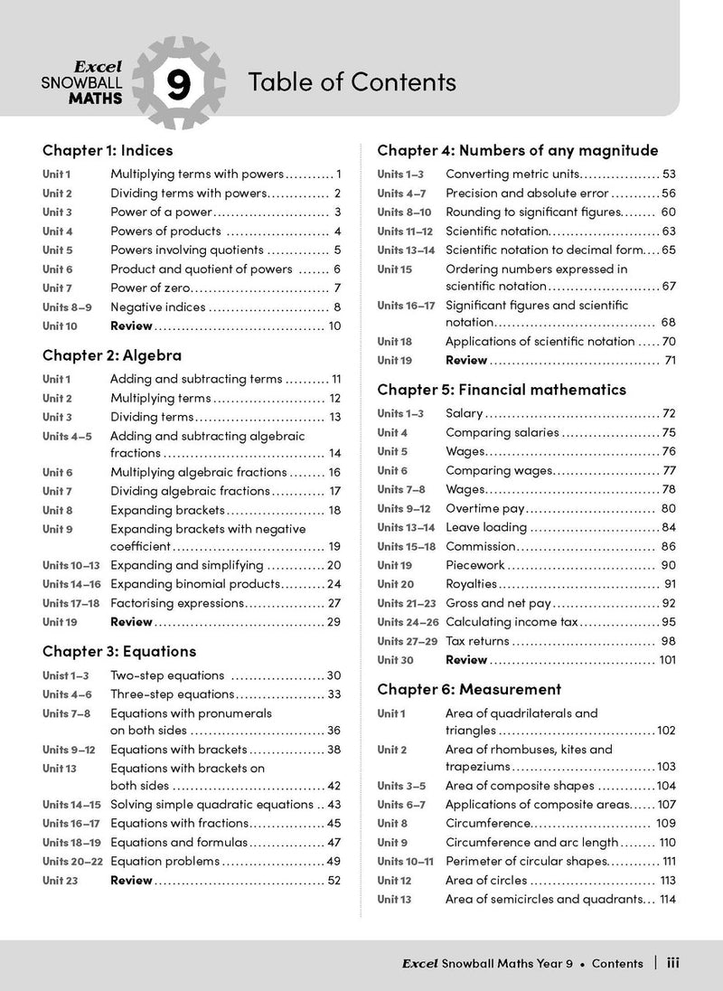 Opening page from the front matter of the Excel Snowball Maths Year 9 book as shown in the Pascal Press gallery