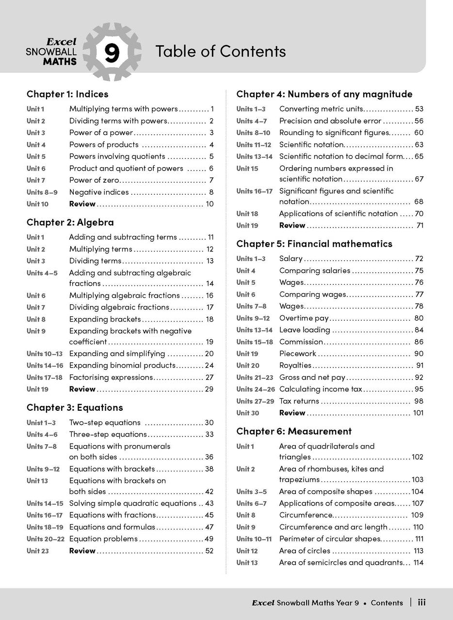 Opening page from the front matter of the Excel Snowball Maths Year 9 book as shown in the Pascal Press gallery