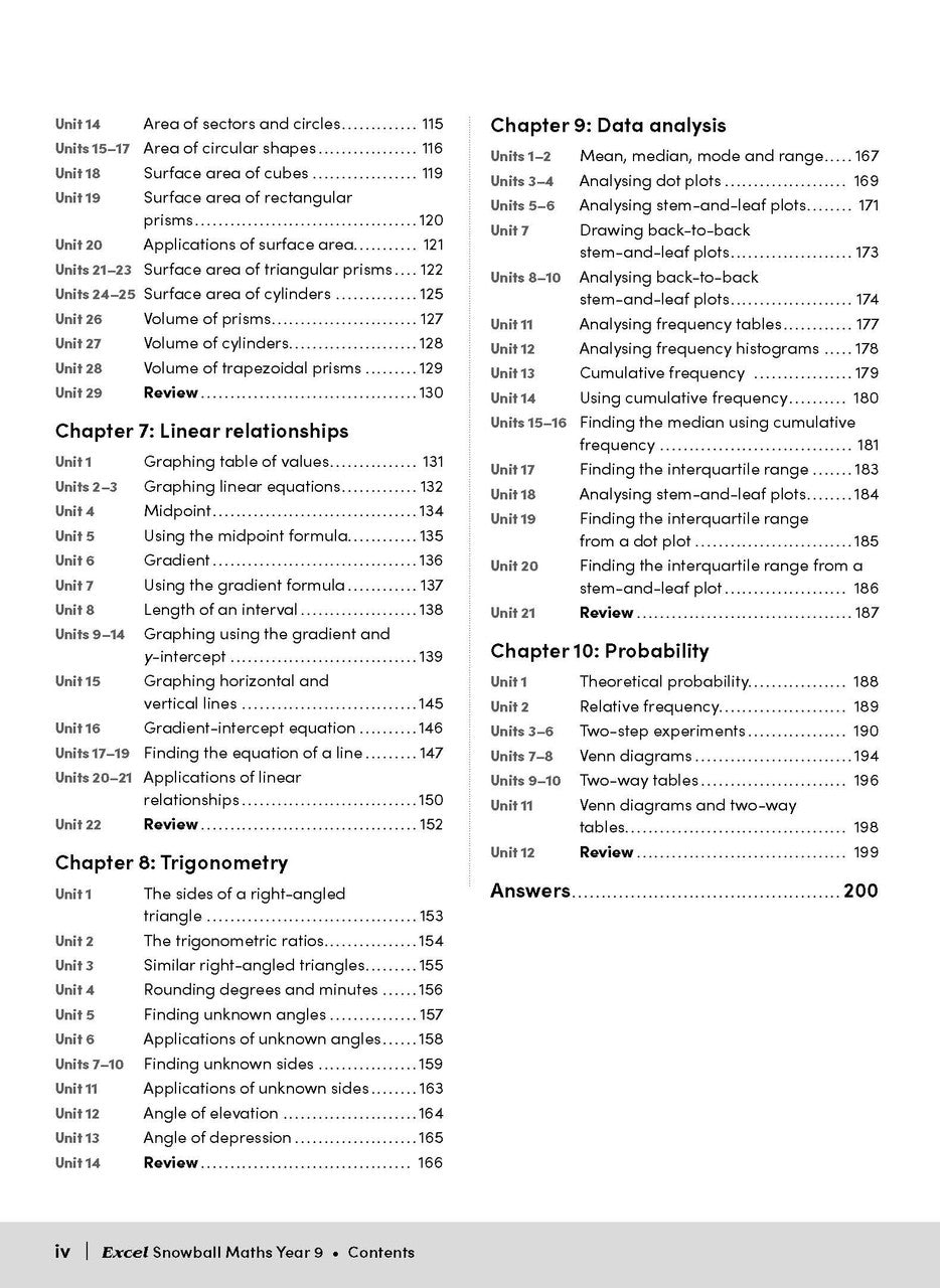 Opening page from the front matter of the Excel Snowball Maths Year 9 book as shown in the Pascal Press gallery