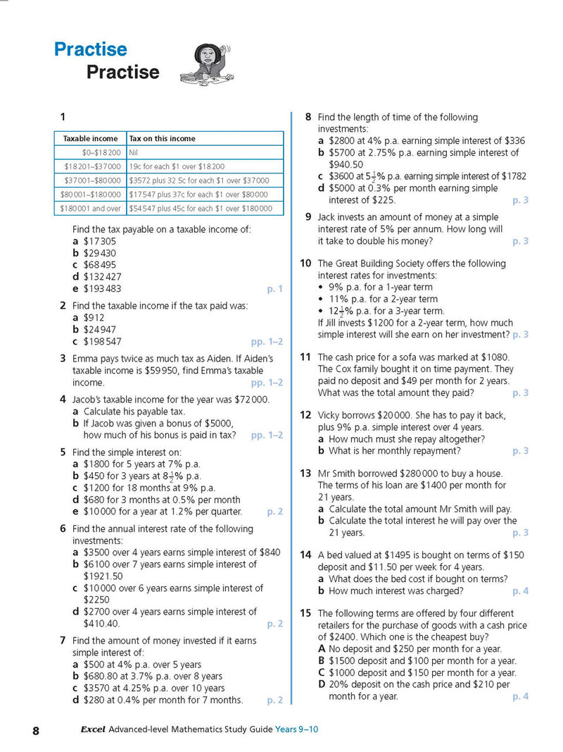 Sample interior page from Excel Study Guide Advanced Mathematics Years 9-10 as shown in the Pascal Press product gallery, giving a preview of the layout and content