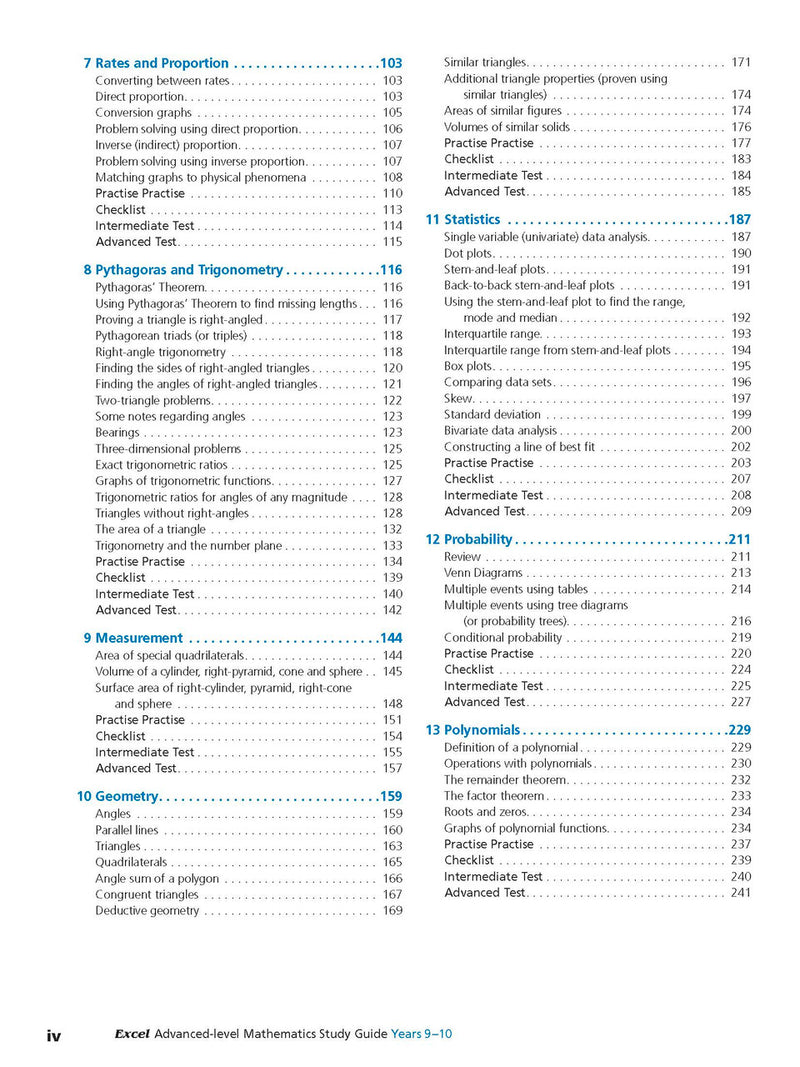 Sample interior page from Excel Study Guide Advanced Mathematics Years 9-10 as shown in the Pascal Press product gallery, giving a preview of the layout and content