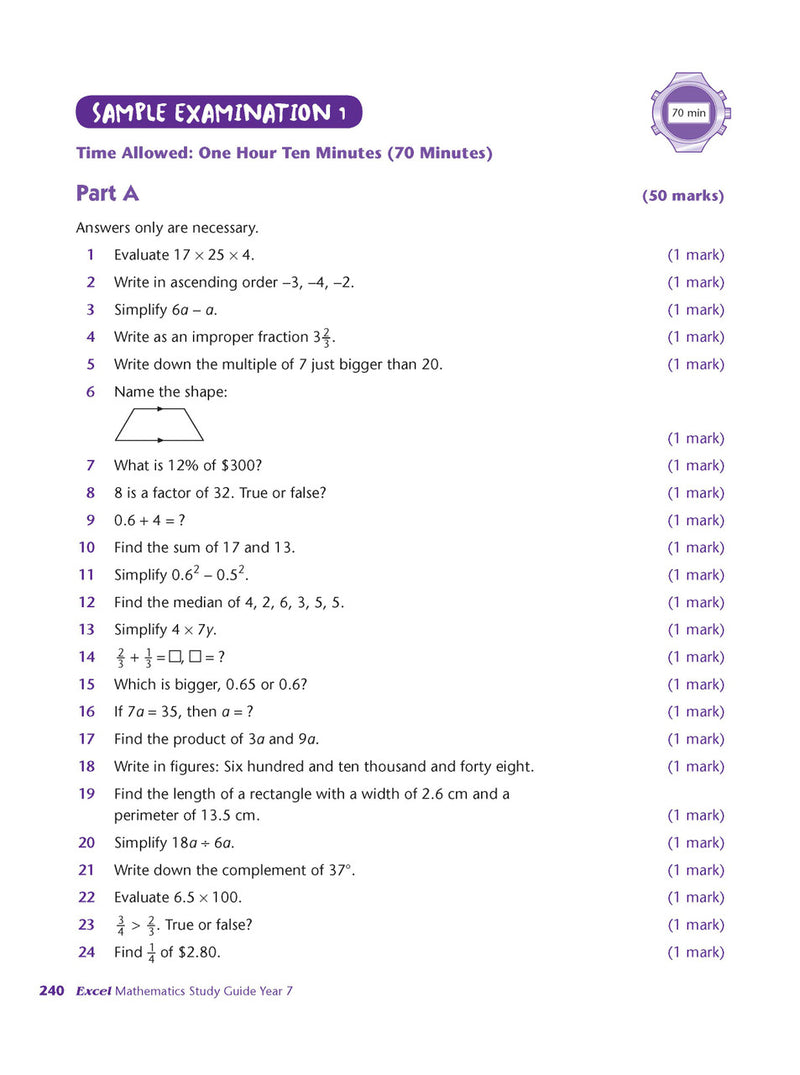 Sample interior page from Excel Study Guide Mathematics Year 7 as shown in the Pascal Press product gallery, giving a preview of the layout and content