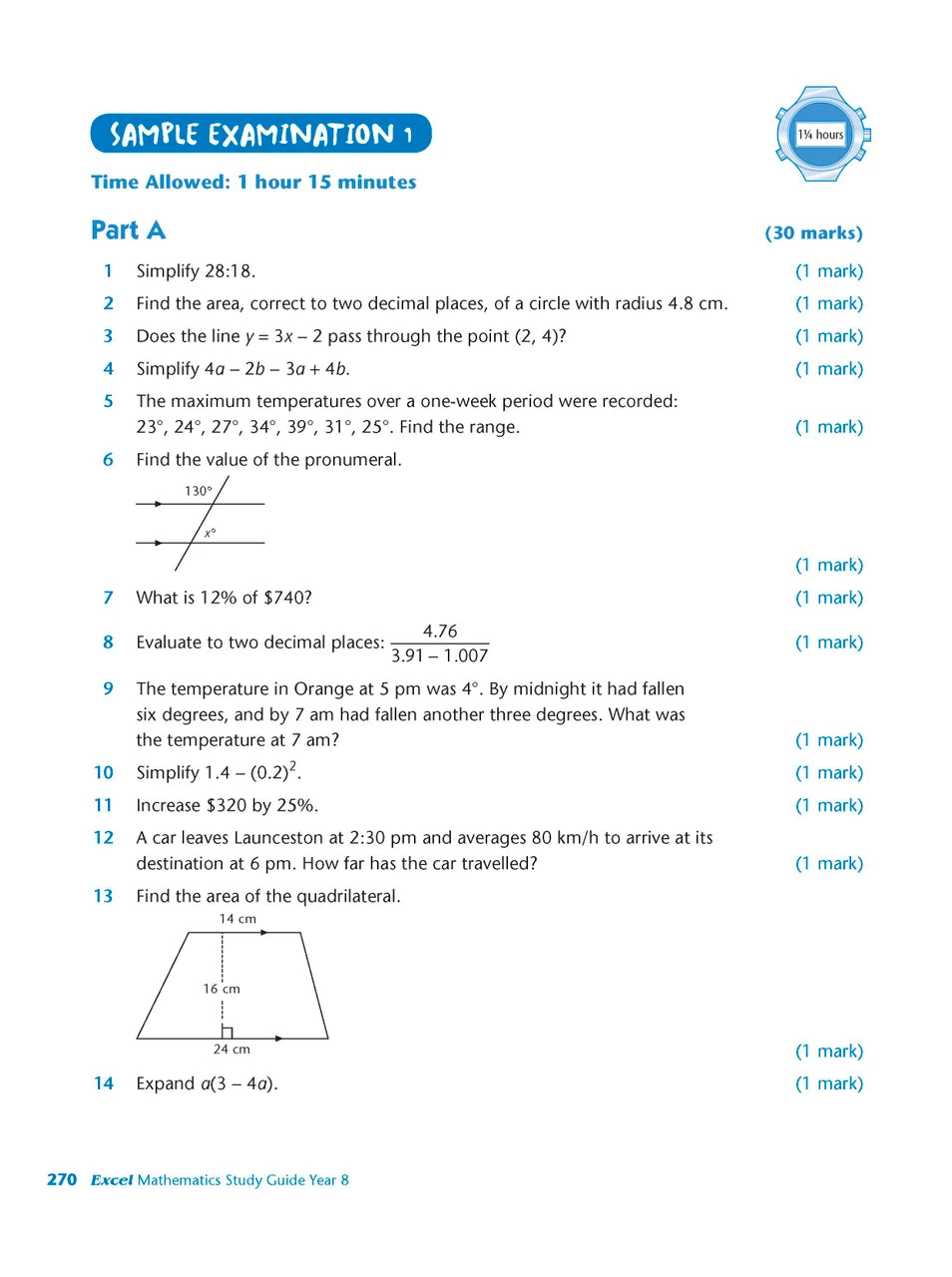 Sample interior page from Excel Study Guide Mathematics Year 8 as shown in the Pascal Press product gallery, giving a preview of the layout and content