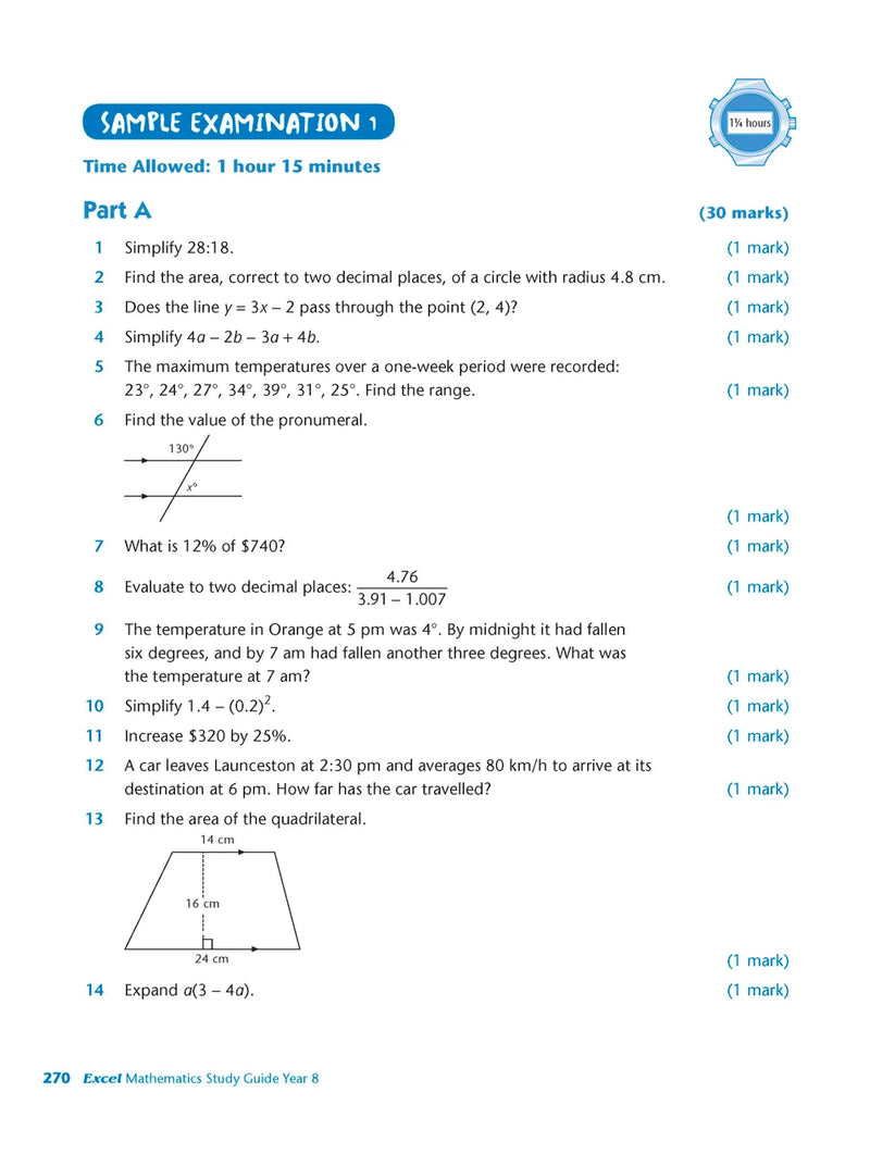 Sample interior page from Excel Study Guide Mathematics Year 8 as shown in the Pascal Press product gallery, giving a preview of the layout and content