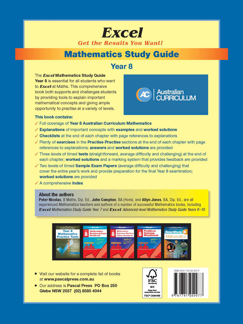 Sample interior page from Excel Study Guide Mathematics Year 8 as shown in the Pascal Press product gallery, giving a preview of the layout and content