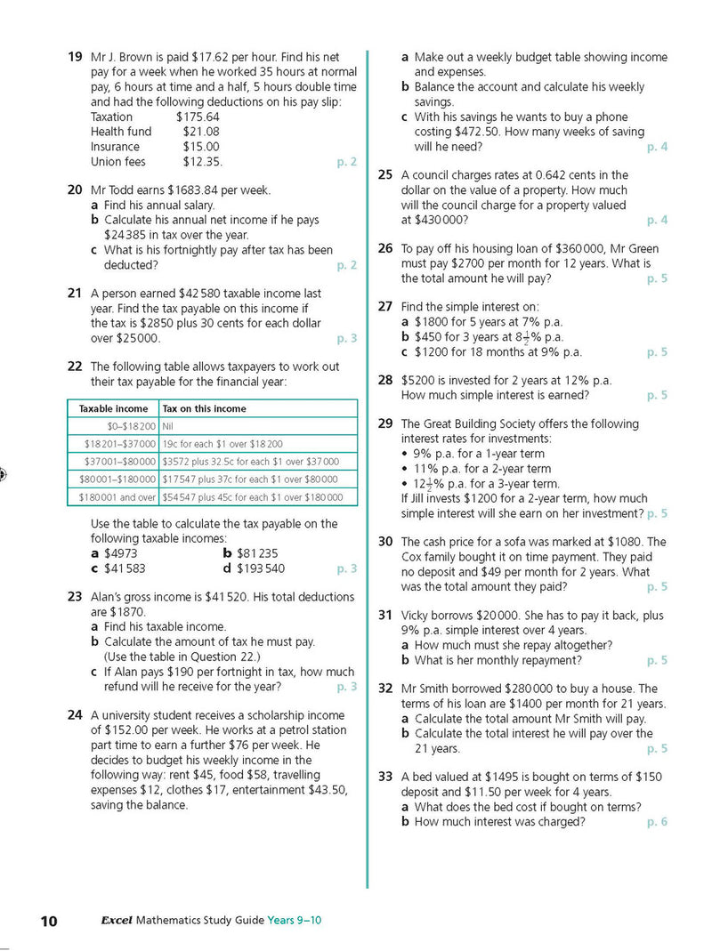 Sample interior page from Excel Study Guide Mathematics Years 9-10 as shown in the Pascal Press product gallery, giving a preview of the layout and content