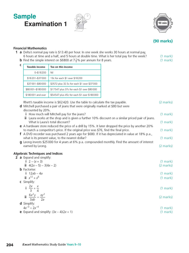 Sample interior page from Excel Study Guide Mathematics Years 9-10 as shown in the Pascal Press product gallery, giving a preview of the layout and content