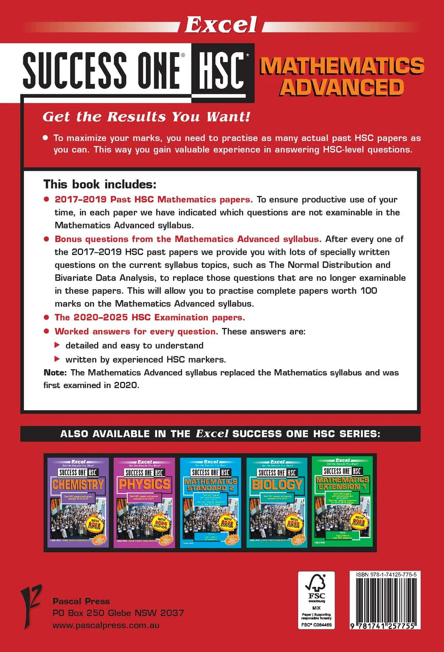 Sample interior page from Excel Success One HSC Mathematics Advanced 2026 Edition as shown in the Pascal Press product gallery