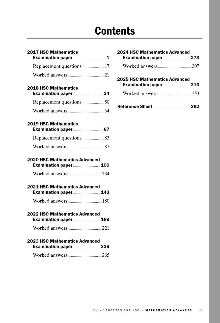 Sample interior page from Excel Success One HSC Mathematics Advanced 2026 Edition as shown in the Pascal Press product gallery