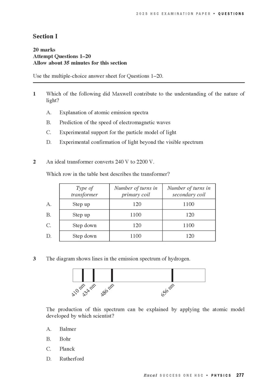 Sample interior page from Excel Success One HSC Physics 2026 Edition as shown in the Pascal Press product gallery