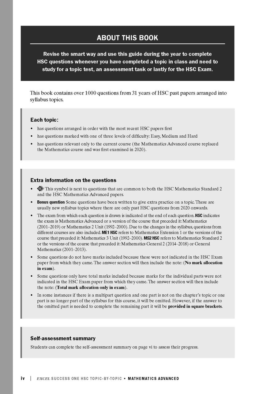 Sample interior page from Excel Success One HSC Topic-by-Topic Mathematics Advanced 2023 Edition as shown in the Pascal Press product gallery