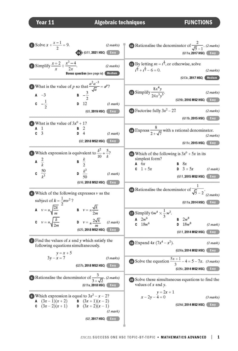 Sample interior page from Excel Success One HSC Topic-by-Topic Mathematics Advanced 2023 Edition as shown in the Pascal Press product gallery