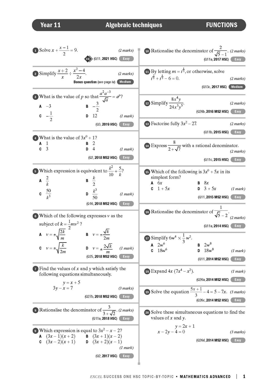 Sample interior page from Excel Success One HSC Topic-by-Topic Mathematics Advanced 2023 Edition as shown in the Pascal Press product gallery
