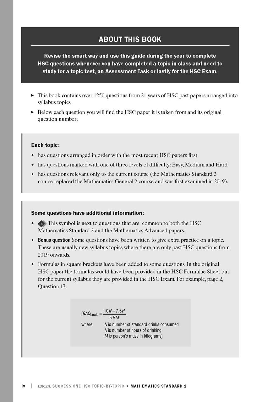 Sample interior page from Excel Success One HSC Topic-By-Topic Mathematics Standard 2 as shown in the Pascal Press product gallery