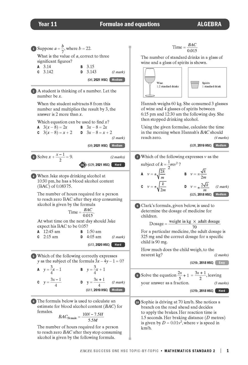 Sample interior page from Excel Success One HSC Topic-By-Topic Mathematics Standard 2 as shown in the Pascal Press product gallery