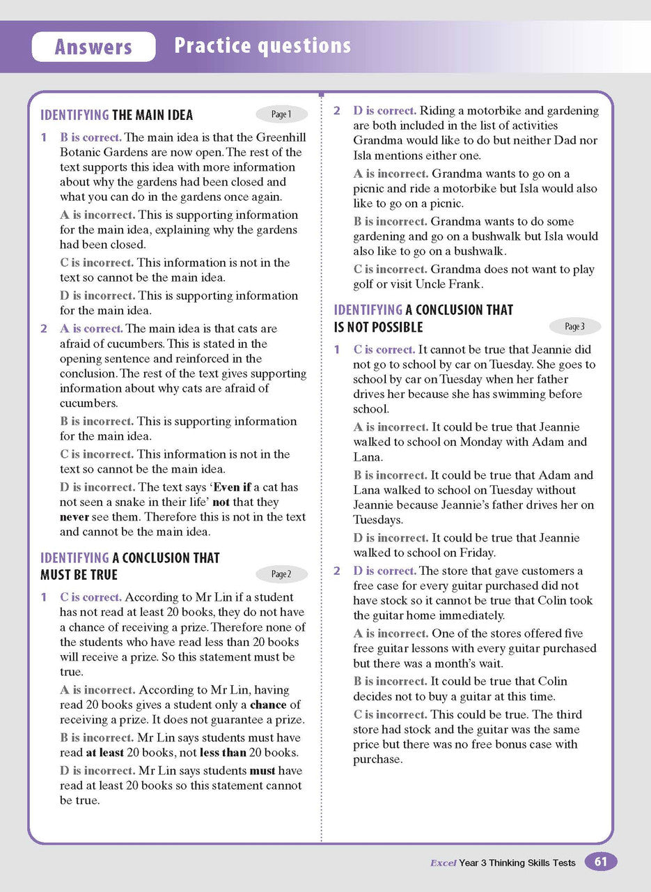 Sample interior page from the Excel Thinking Skills Tests Year 3 workbook showing practice test material, as shown in the Pascal Press gallery