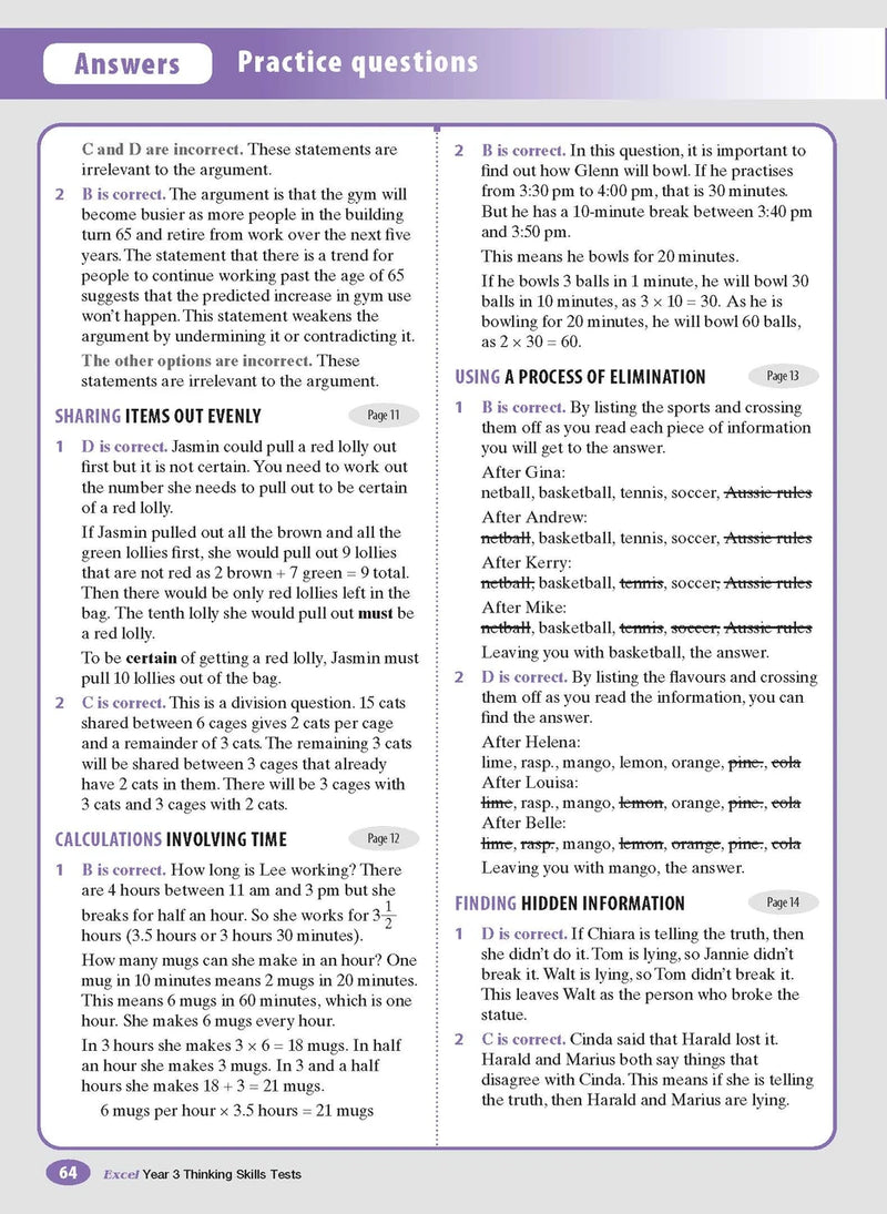 Sample interior page from the Excel Thinking Skills Tests Year 3 workbook showing practice test material, as shown in the Pascal Press gallery