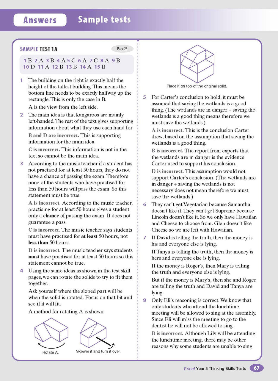 Sample interior page from the Excel Thinking Skills Tests Year 3 workbook showing practice test material, as shown in the Pascal Press gallery