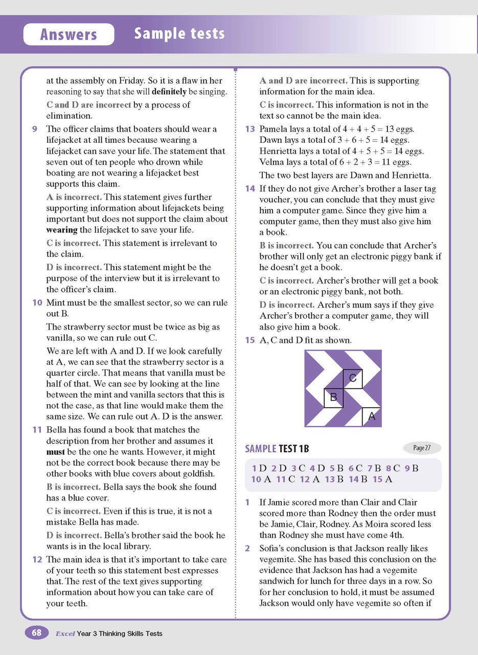 Sample interior page from the Excel Thinking Skills Tests Year 3 workbook showing practice test material, as shown in the Pascal Press gallery