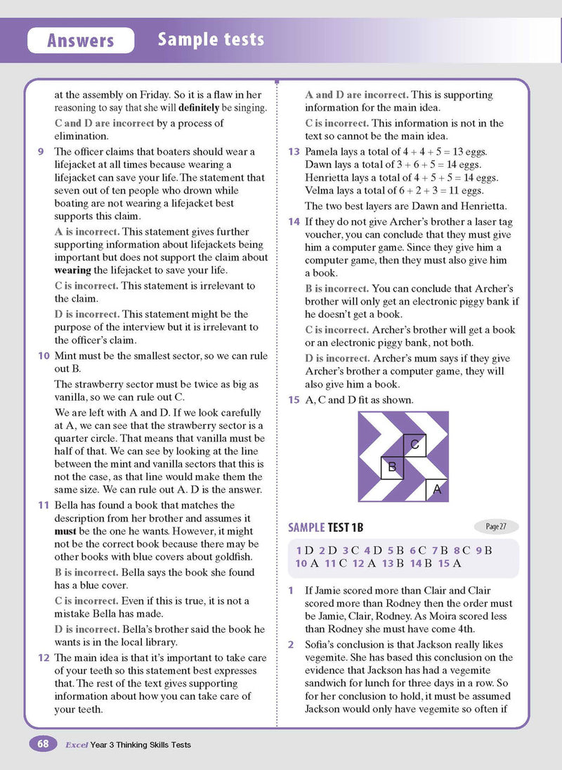 Sample interior page from the Excel Thinking Skills Tests Year 3 workbook showing practice test material, as shown in the Pascal Press gallery