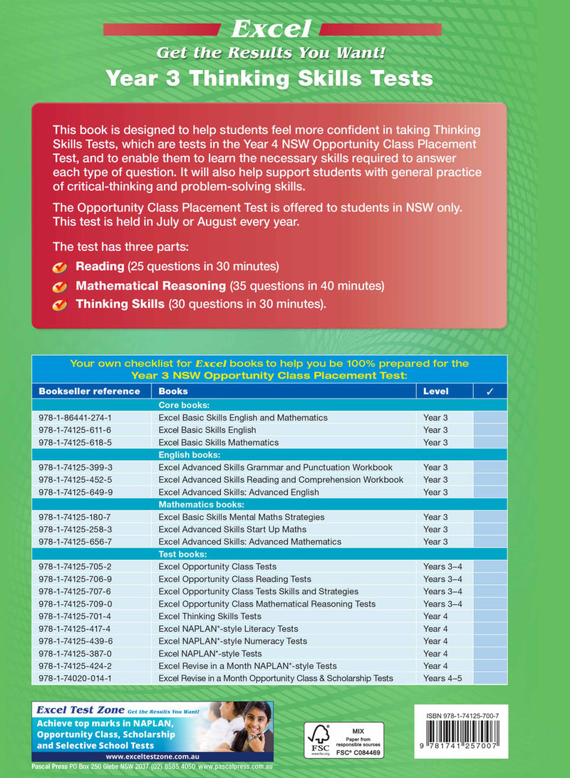 Sample interior page from the Excel Thinking Skills Tests Year 3 workbook showing practice test material, as shown in the Pascal Press gallery