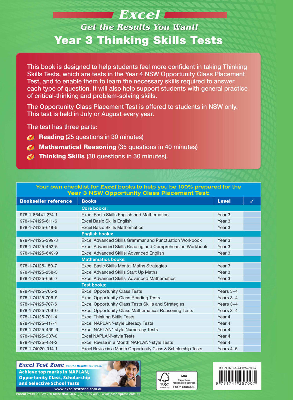Sample interior page from the Excel Thinking Skills Tests Year 3 workbook showing practice test material, as shown in the Pascal Press gallery
