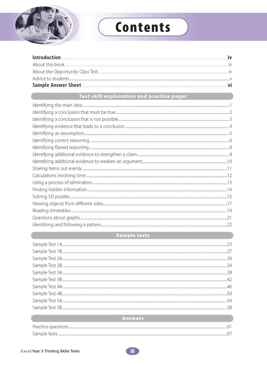 Sample interior page from the Excel Thinking Skills Tests Year 3 workbook showing practice test material, as shown in the Pascal Press gallery