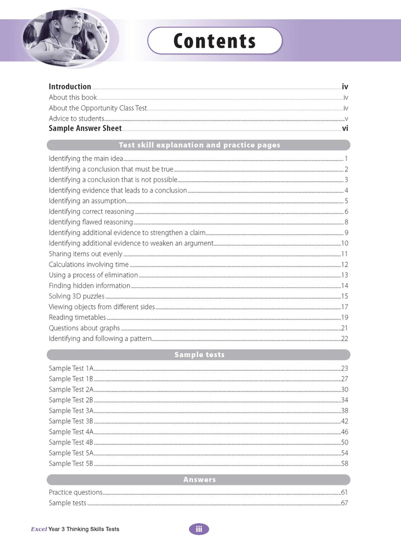 Sample interior page from the Excel Thinking Skills Tests Year 3 workbook showing practice test material, as shown in the Pascal Press gallery