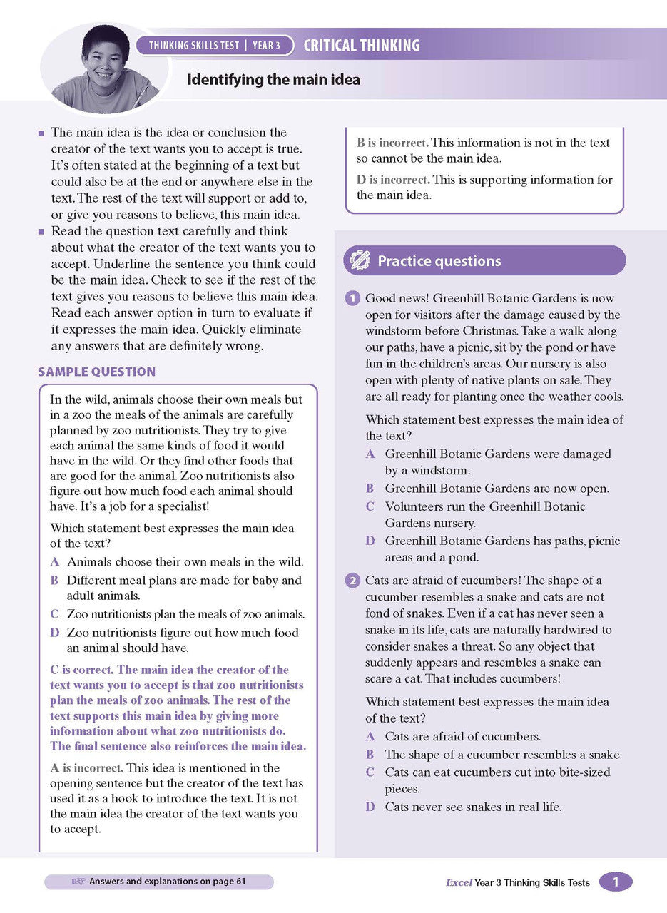Sample interior page from the Excel Thinking Skills Tests Year 3 workbook showing practice test material, as shown in the Pascal Press gallery
