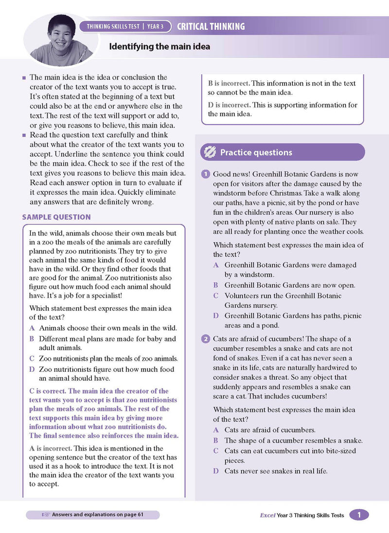 Sample interior page from the Excel Thinking Skills Tests Year 3 workbook showing practice test material, as shown in the Pascal Press gallery