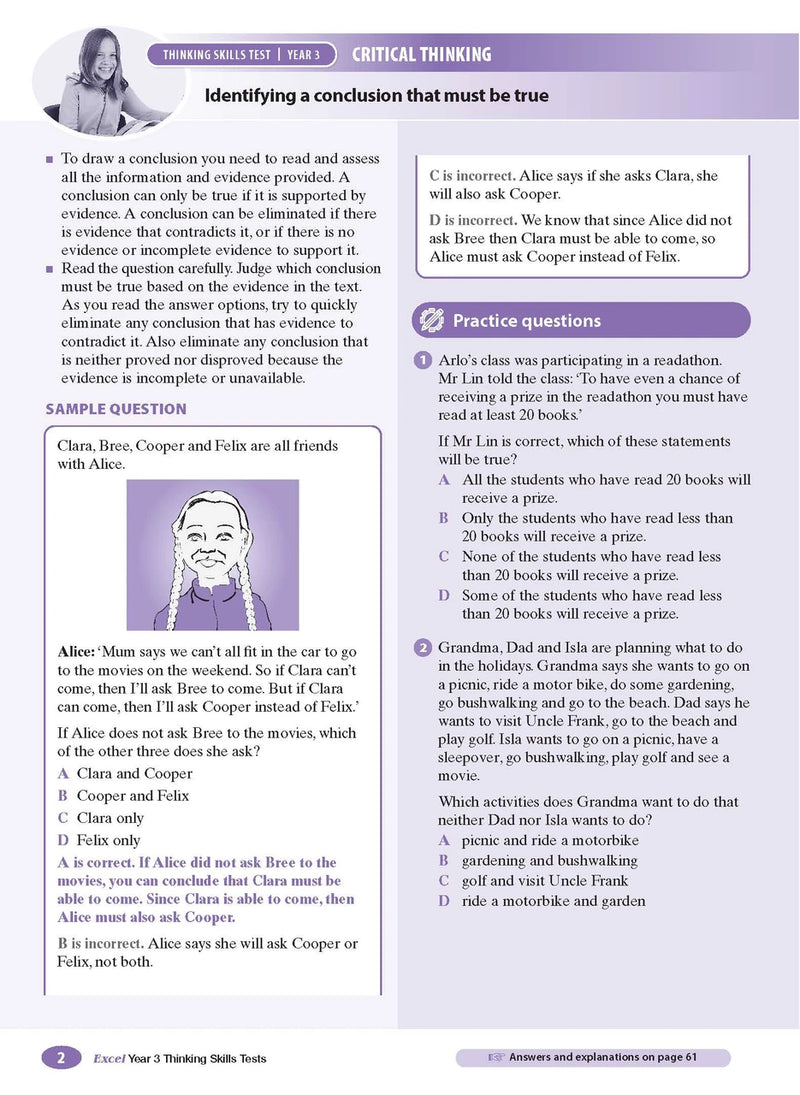 Sample interior page from the Excel Thinking Skills Tests Year 3 workbook showing practice test material, as shown in the Pascal Press gallery