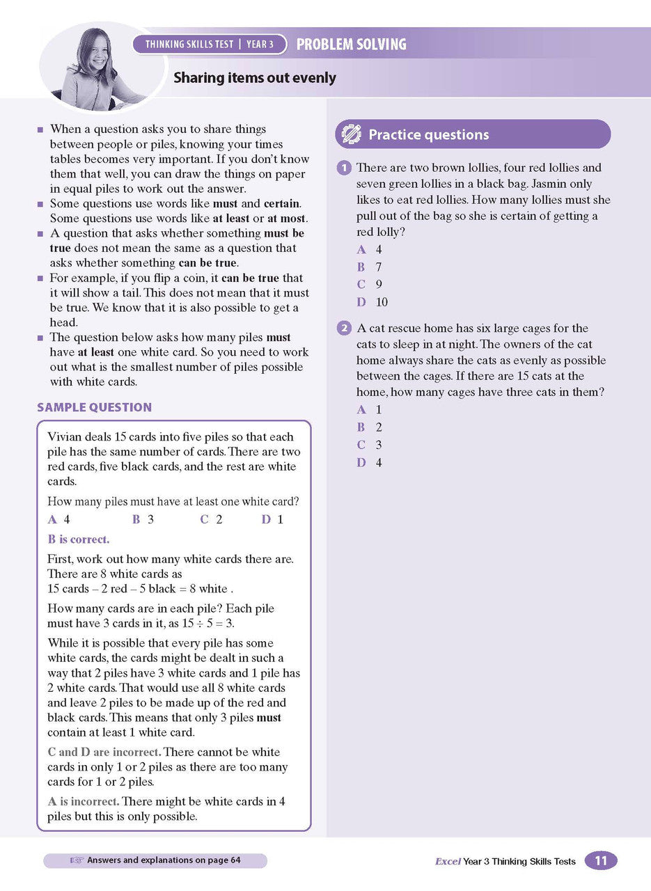 Sample interior page from the Excel Thinking Skills Tests Year 3 workbook showing practice test material, as shown in the Pascal Press gallery