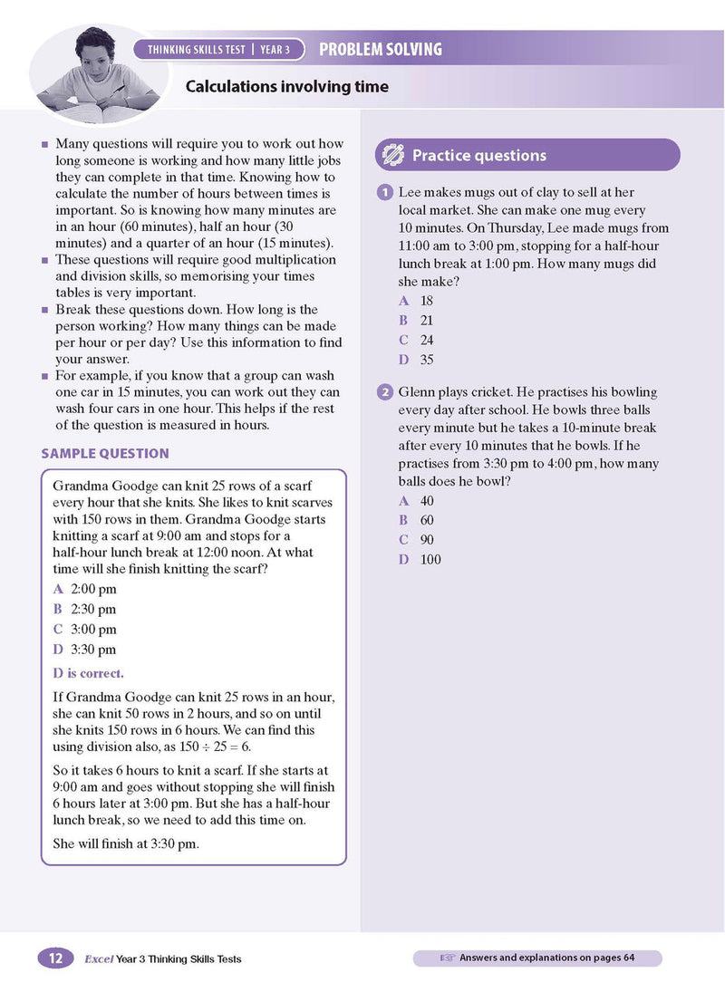Sample interior page from the Excel Thinking Skills Tests Year 3 workbook showing practice test material, as shown in the Pascal Press gallery