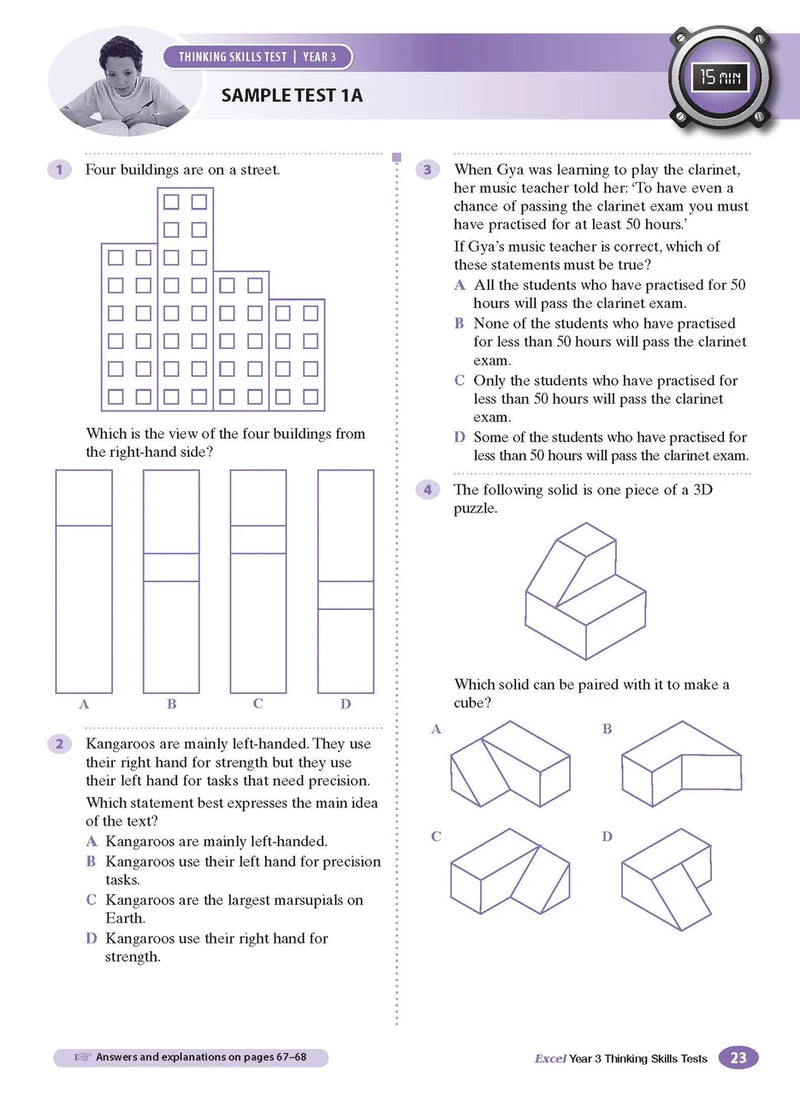 Sample interior page from the Excel Thinking Skills Tests Year 3 workbook showing practice test material, as shown in the Pascal Press gallery