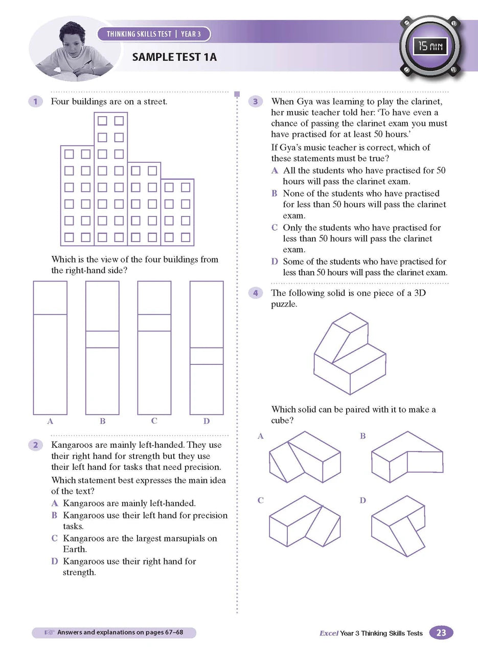 Sample interior page from the Excel Thinking Skills Tests Year 3 workbook showing practice test material, as shown in the Pascal Press gallery