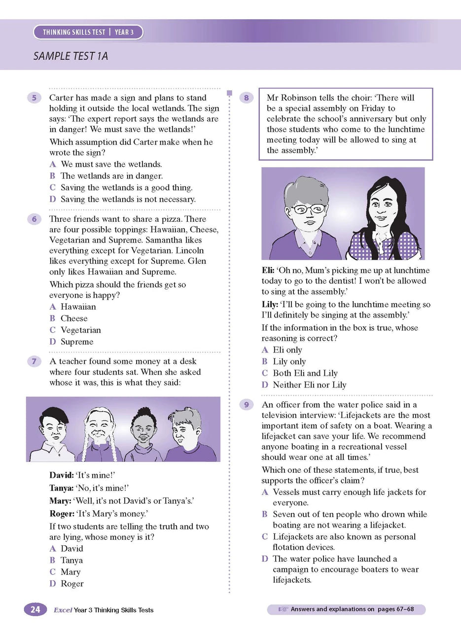 Sample interior page from the Excel Thinking Skills Tests Year 3 workbook showing practice test material, as shown in the Pascal Press gallery