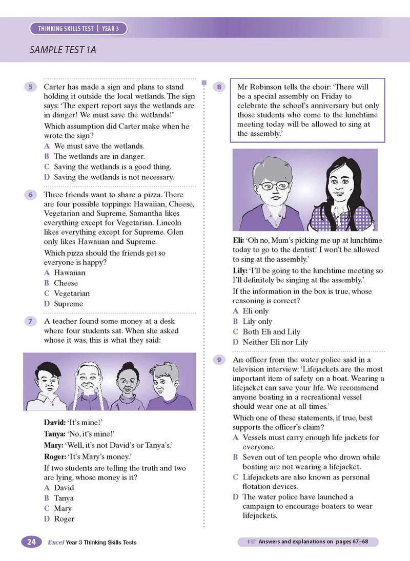 Sample interior page from the Excel Thinking Skills Tests Year 3 workbook showing practice test material, as shown in the Pascal Press gallery