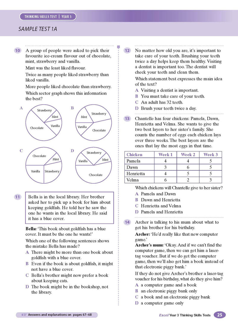 Sample interior page from the Excel Thinking Skills Tests Year 3 workbook showing practice test material, as shown in the Pascal Press gallery