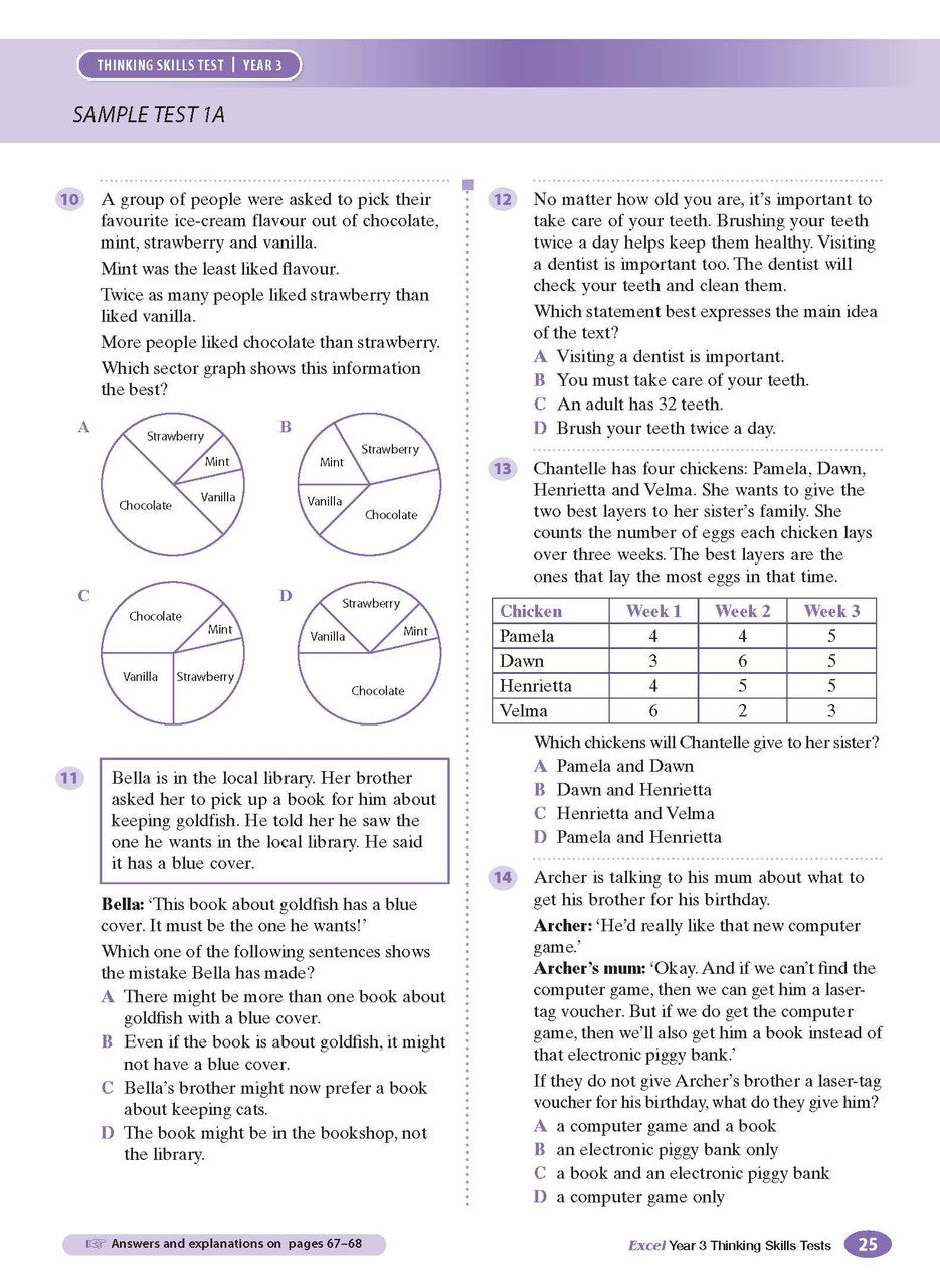 Sample interior page from the Excel Thinking Skills Tests Year 3 workbook showing practice test material, as shown in the Pascal Press gallery