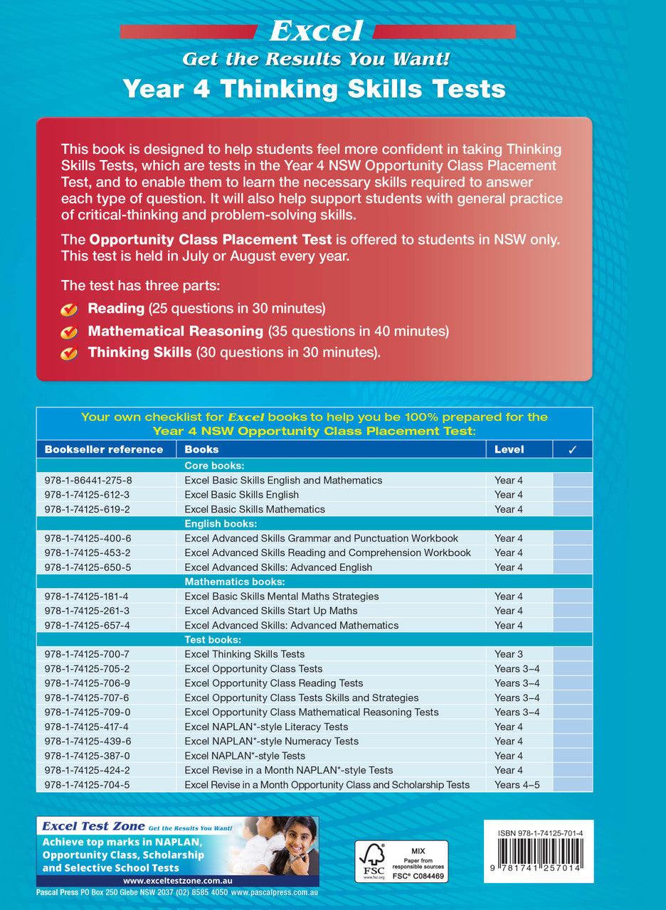 Sample interior page from the Excel Thinking Skills Tests Year 4 workbook as shown in the publisher gallery