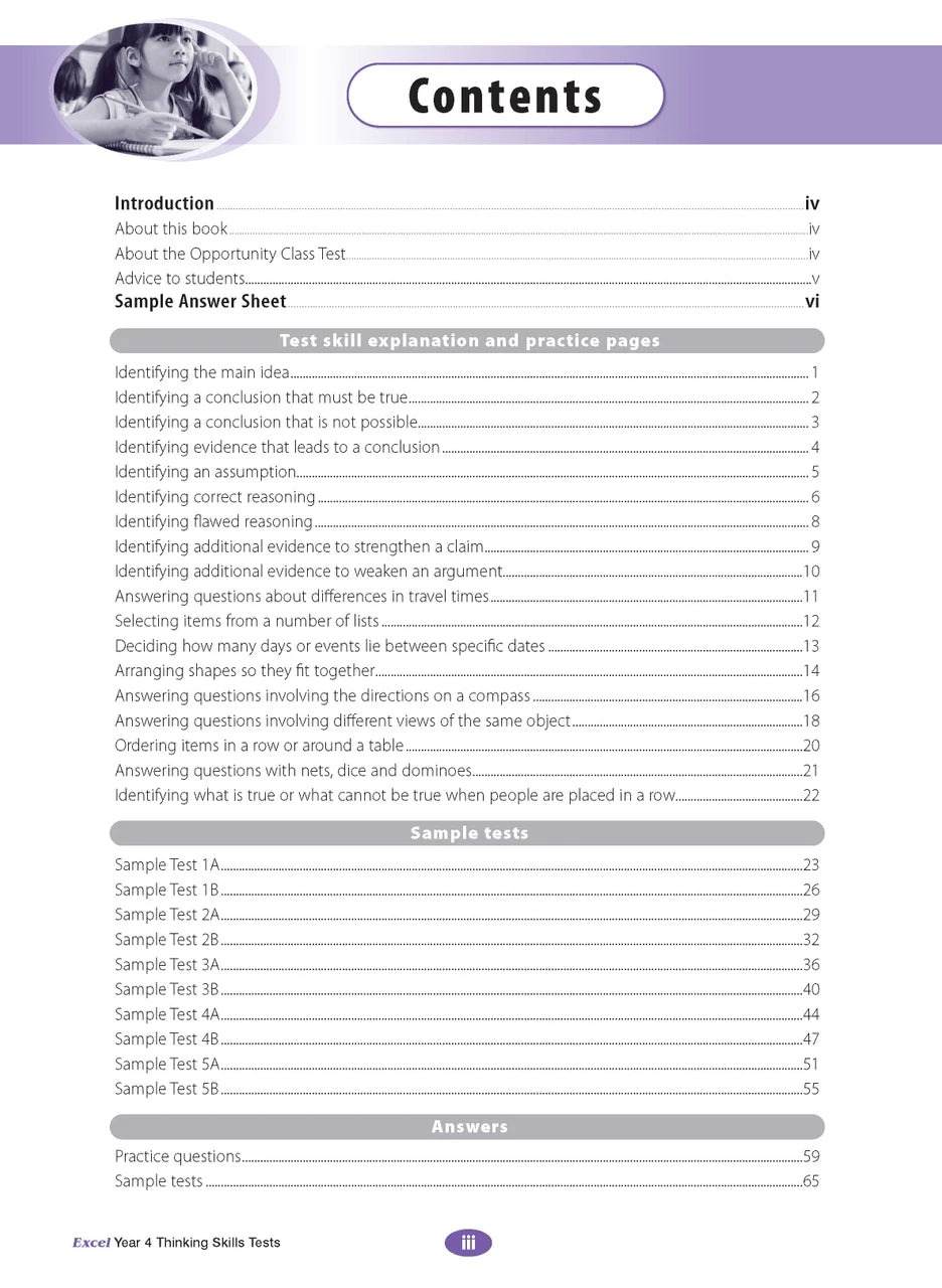 Sample interior page from the Excel Thinking Skills Tests Year 4 workbook as shown in the publisher gallery
