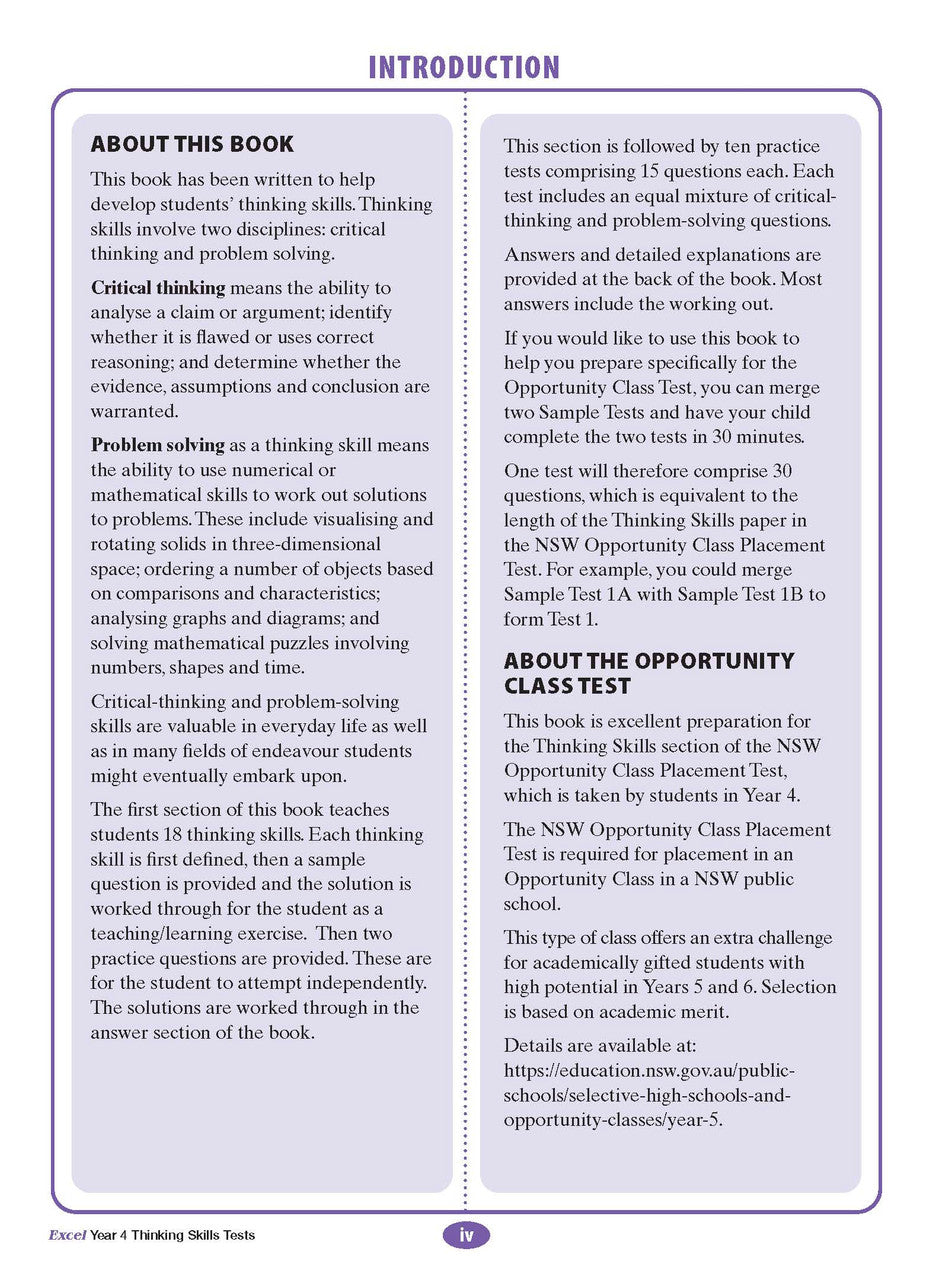 Sample interior page from the Excel Thinking Skills Tests Year 4 workbook as shown in the publisher gallery