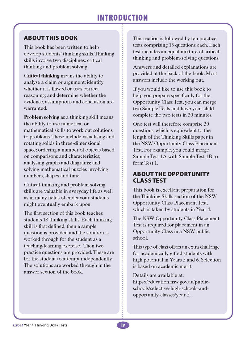 Sample interior page from the Excel Thinking Skills Tests Year 4 workbook as shown in the publisher gallery