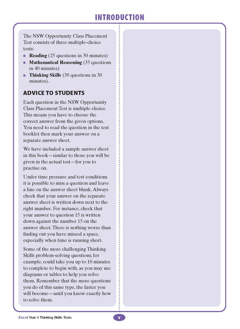 Sample interior page from the Excel Thinking Skills Tests Year 4 workbook as shown in the publisher gallery