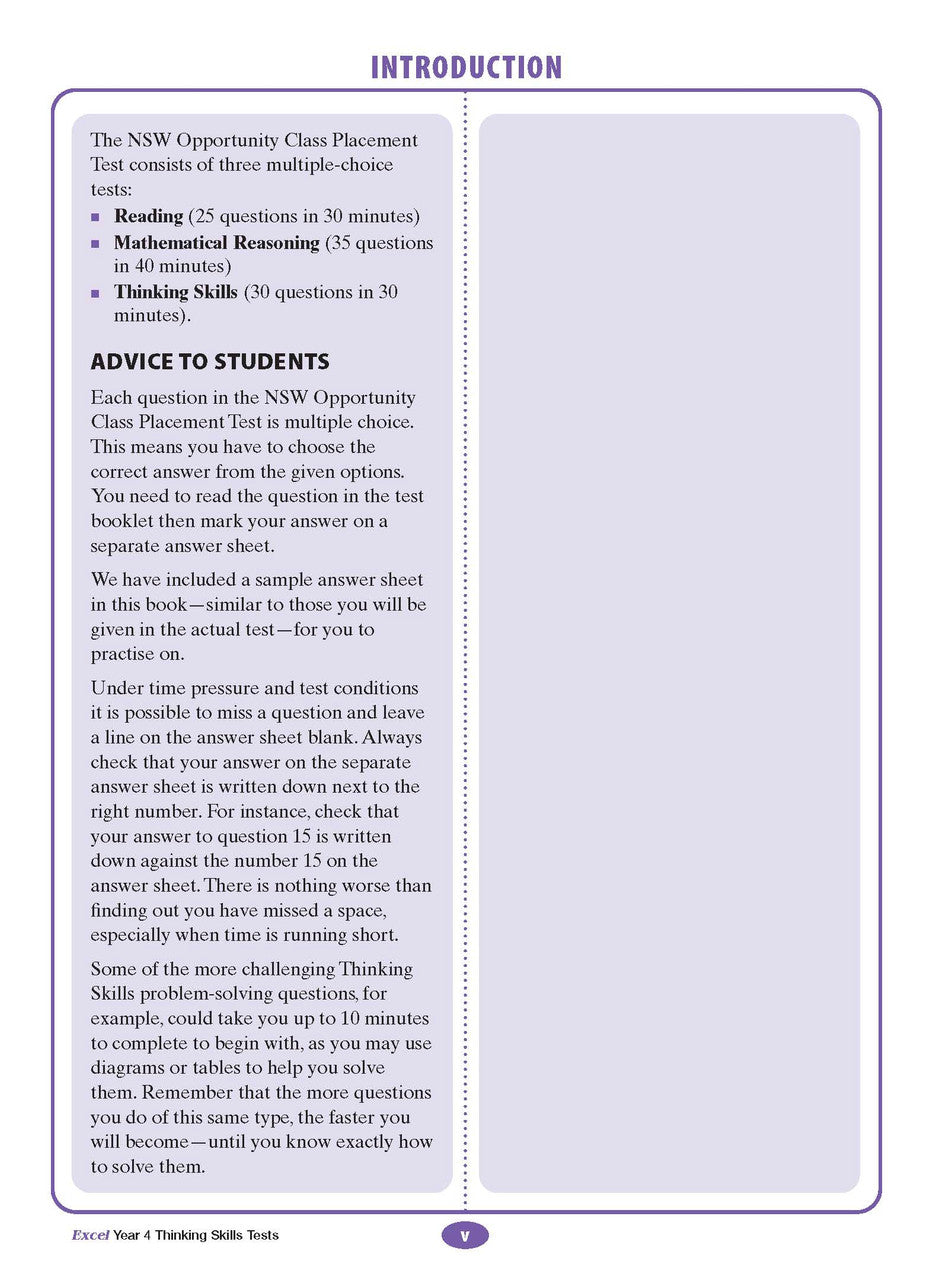 Sample interior page from the Excel Thinking Skills Tests Year 4 workbook as shown in the publisher gallery