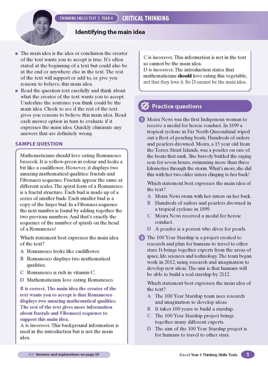 Sample interior page from the Excel Thinking Skills Tests Year 4 workbook as shown in the publisher gallery