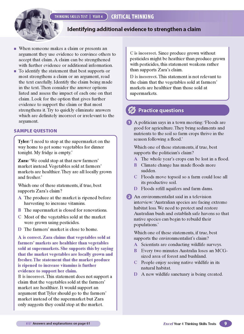 Sample interior page from the Excel Thinking Skills Tests Year 4 workbook as shown in the publisher gallery