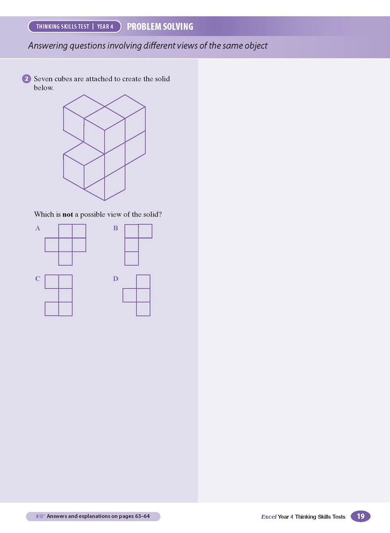 Sample interior page from the Excel Thinking Skills Tests Year 4 workbook as shown in the publisher gallery